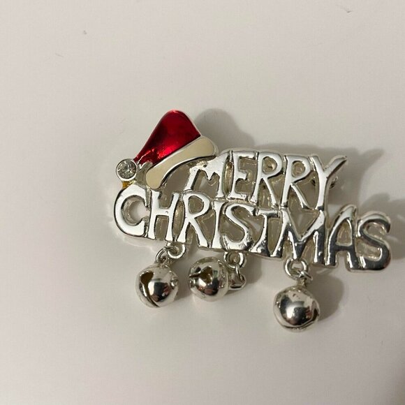Vintage Merry Christmas Brooch Jingle Bells Pin - Picture 4 of 15